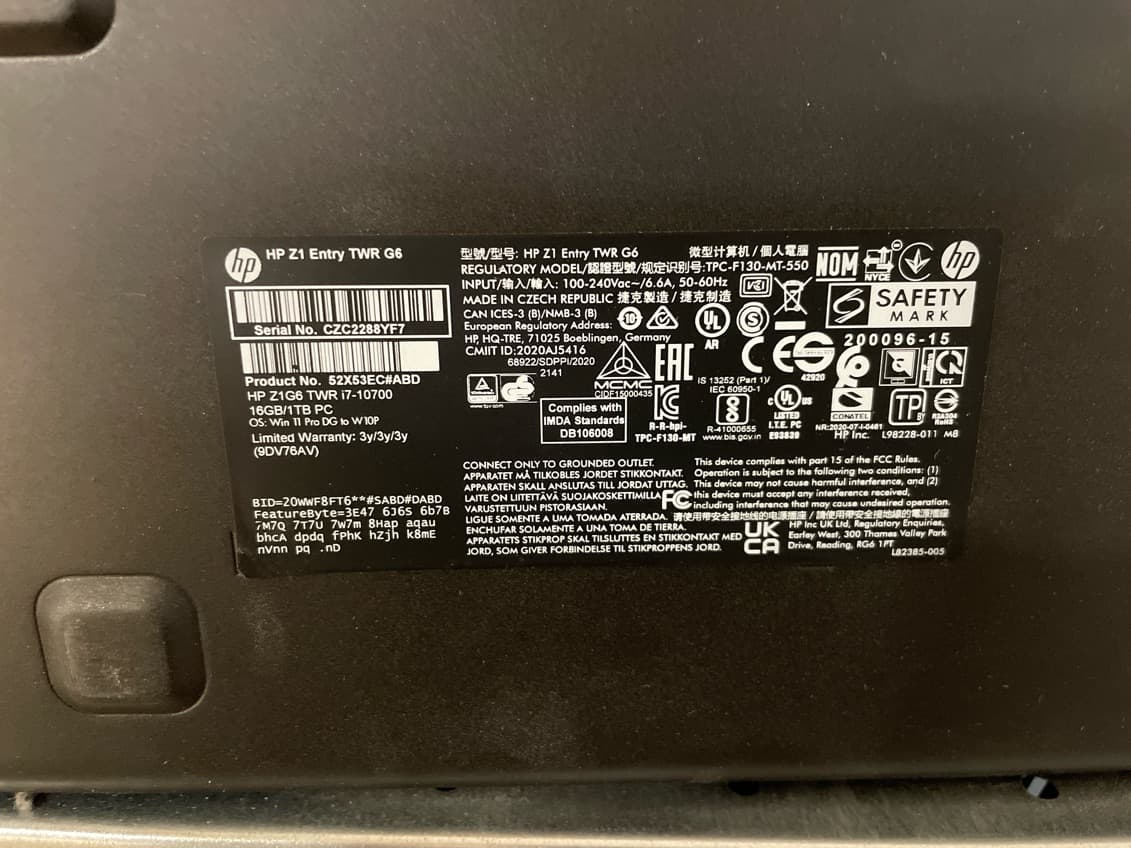Type plate on the side of a used desktop workstation
